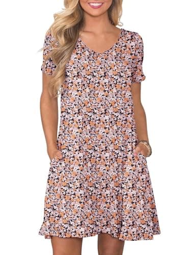 Moodclo Women Casual Summer Dresses Luxuriant Flowers Black X-Large Short Sleeve Loose Tshirt Beach Sundress V Neck Swing Dress with Pockets 2026 Trendy - Image 1