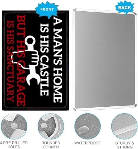 Carastora Men's Vintage Garage Decor, Funny Metal Tin Sign, Quote "A man's home is his castle, his garage his sanctuary", Rustic Style Den Home Bar Accessory, 12x8 Inch - Thumbnail 5