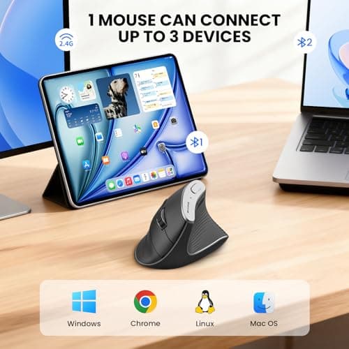 Bnnwa Wireless Vertical Ergonomic Optical Mouse 2.4G Bluetooth Wireless Vertical Mouse 4 Adjustable 1000/1600 / 2400/3200 DPI Wireless Mouse Compatible with Windows, Mac OS, Laptop, PC- Black - Thumbnail 2
