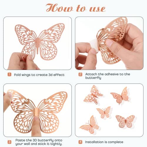 3D Gold Butterfly Wall Decor 3 Sizes 4 Styles Butterfly Party Decorations Cake Decorations Removable Stickers Wall Decor Room Mural Metallic Kids (Rose Gold, 96Pcs) - Thumbnail 4