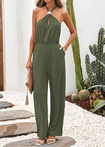 Lazysmile Summer Jumpsuits for Women Sleeveless Halter Backless Pants Romper Dressy Wide Legs One Piece Outfits - Thumbnail 4