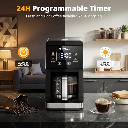 AIRMSEN Grind & Brew Coffee Maker with Built-in Grinder, Programmable Single Serve Coffee Maker - 5 Cup Capacity, 3 Grind Settings, Auto Keep Warm & Glass Carafe for Home and Office - Thumbnail 5