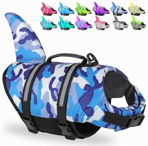Fragralley Shark Camo Dog Life Jacket Swimming Vest with Reflective Material, Superior Buoyancy & Rescue Handle for Small to Large Dogs, Swim, Pool, Beach, Boating