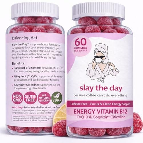 Balancing Act – Slay The Day Energy Gummies – Caffeine Free Focus & Clean Energy Support – with Vitamin B12, CoQ10 & Cognizin® Citicoline – Raspberry Lemonade – 60 Count (30 Day Supply)