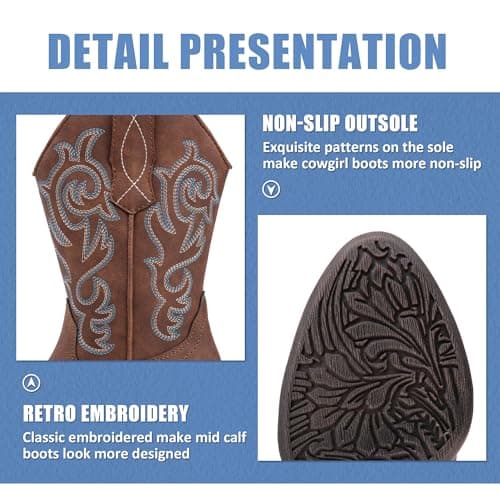 Vepose Women’s Brown Cowboy Mid Calf Boots, Cowgirl Western Embroidered Chunky Low Heel 9800 Boots with Zipper, Size 8M US, (CJY9800 Brown 08) - Thumbnail 3