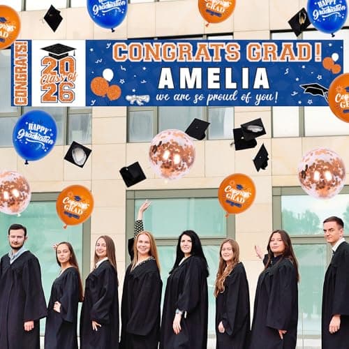 NUTTYBASH Graduation Party Decorations, Personalized Class of 2025 Graduation Banner with 78 Alphabet Stickers and Balloons, Congrats Banner for College High School Party Supplies(Blue Orange) - Thumbnail 4