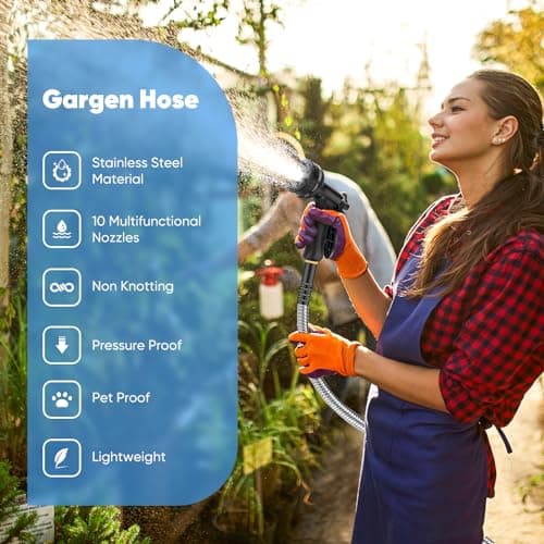 Itsonestep Garden Hose 50FT - Stainless Steel Water Hose with 10 Function Nozzles, No Kinks, Flexible & Lightweight, Pressure Proof, Puncture Proof, Heavy Duty Water Hose for Yard and Outdoor - Thumbnail 2