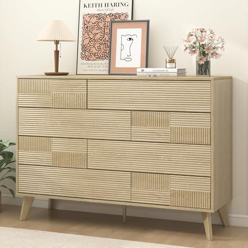 Hadulcet Wood Dressers for Bedroom 47” Wide, Large 8 Drawer Dresser TV Stand, Modern Chest of Drawers for Closet Clothes Storage Organizer with Fluted Panel, No Handles Design, Natural Oak - Image 1