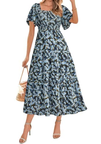 BTFBM Women's Clothing Wedding Guest Dresses Casual Boho Floral Short Sleeve Smocked Maxi Beach Spring Summer Dress 2026(Floral Blue Yellow, Medium) - Image 1
