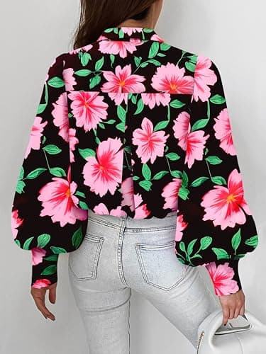 BTFBM Women Fashion Button Down Shirts 2026 V Neck Boho Printed Long Sleeve Blouses Dressy Casual Spring Fall Tops(Big Floral Black Pink, Medium) - Thumbnail 6