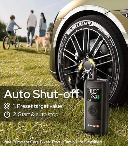 WARWOLF 160PSI Tire Inflator Portable Air Compressor, Electric Air Pump for Car Tires with Pressure Gauge, Dual Power 12V DC, LED Light, Auto Shut-Off, Tire Pump for Auto, Motorcycle, Bicycle, Balls - Thumbnail 6