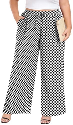 Lastshe Women's Plus Size Wide Leg Pants Palazzo Pants for Women Plus Size Outfits for Curvy Women Pants with Pockets,Black W Plaid,2X - Image 1