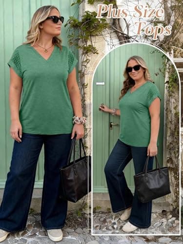 Bliwov Womens Summer Tops V Neck Lace Short Sleeve T Shirts Dressy Casual Business Outfits 2026 Spring Fashion Tee Clothes Green - Thumbnail 3