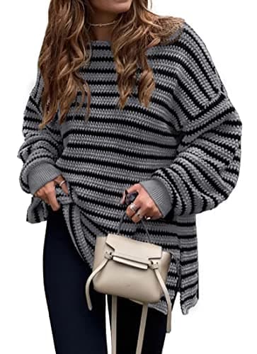 KIRUNDO Women's 2026 Fall Winter Oversized Long Sleeve Striped Sweater Casual Crewneck Side Split Pullover Knit Tops(Grey, Large) - Image 1