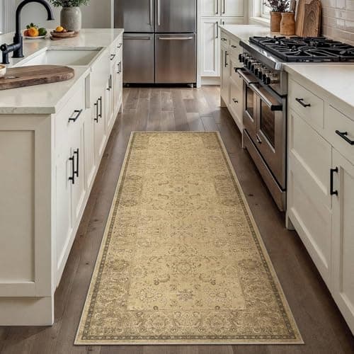 HUGEAR 2x6 Machine Washable Hallway Runner Rugs Vintage Brown - Neutral Non Slip Stain Resistant Low Pile Aesthetic Throw Carpet Kids & Pet Friendly for Bedroom Kitchen - Image 1