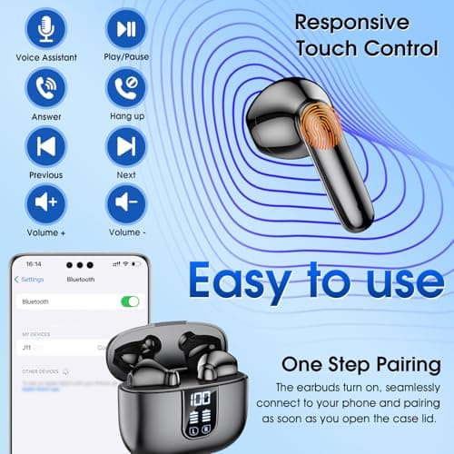 Wireless Earbuds Bluetooth 5.4 In Ear Buds 6 Mic ENC Noise Cancelling Clear Calls, Deep Bass HiFi Stereo Sound Earphones 35H Playtime LED Power Display IPX7 Waterproof Headphones for Android iOS Black - Thumbnail 4