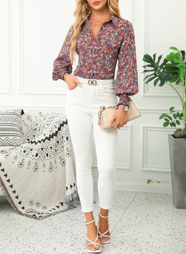 Dokotoo Womens Long Sleeve Tops for Women Work Business Button Down Ladies Blouses and Tops Loose Fit Dressy Allover Floral Print V Neck Office Boho Tunic Top 2026 Trendy Fall Outfits Purple Large - Thumbnail 6