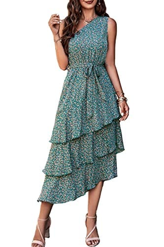 PRETTYGARDEN Women's Summer Floral Sundress Casual One Shoulder Tiered Ruffle Flowy Midi Beach Boho Dresses (Floral Olive Green,Large) - Image 1