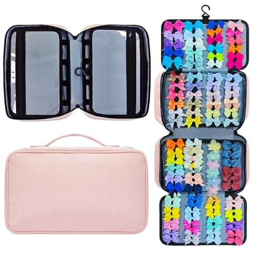 Miiinaps Baby Girl Hair Bow Organizer Bag - Multi-Pocket Hair Accessories Storage with Hanging Hook and Transparent Pockets for Hair Clips, Headbands, Scrunchies, Portable Travel Carrying Case (Pink) - Image 1