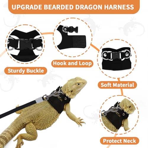VOXGET 3 Pack Bearded Dragon Leash and Harness Set, Retractable 9.8FT Leash with 3 Sizes Adjustable Soft Harness for Reptile Small Animals Walking, Cute Lizard Vest Clothes for Reptile Lovers -Black - Thumbnail 2