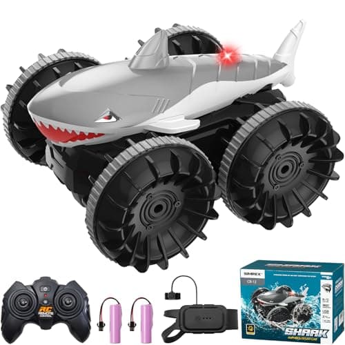 SIMREX Shark Amphibious Remote Control Car - Gift for Kids Boys Girls, 4WD Waterproof RC Car, 360° Stunt, Dual Remote Control, 50m Long Range, 2 Rechargeable Batteries (Silver) - Image 1