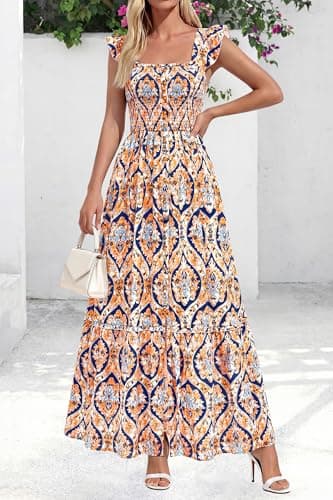 dowerme Womens Summer Maxi Dresses 2026 Casual Ruffle Sleeve Button Smocked Floral Slit Boho Dress Spring Beach Sundress(Blue Geometry,Medium) - Thumbnail 3