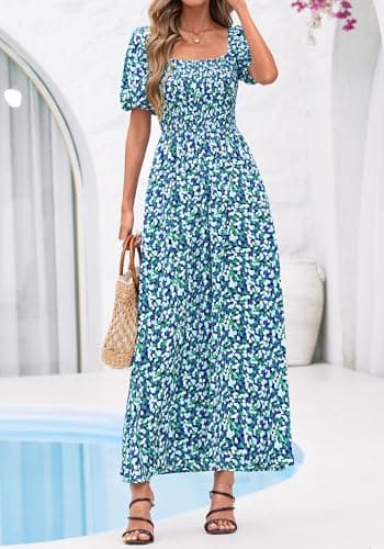BTFBM Womens Spring Summer Dresses 2026 Square Neck Puff Short Sleeve Smocked Floral Boho Beach Wedding Guest Maxi Dress(Floral Blue Green, Large) - Thumbnail 4