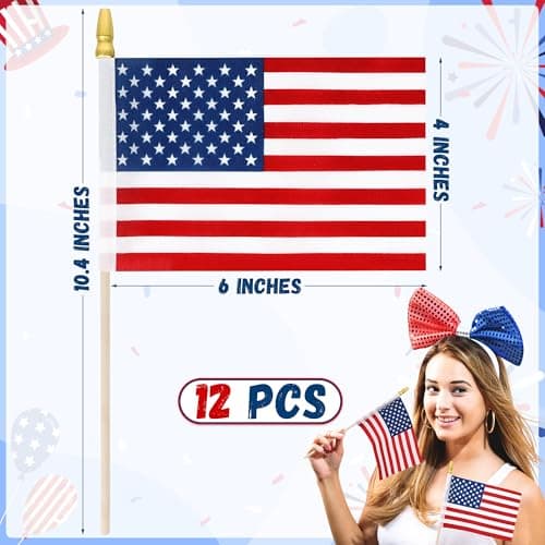 12 Pcs Small American Flags on Stick, 6x4 In 4th of July Decorations, Mini 250 Anniversary USA Flag, Fourth of July American Handheld Flags for Veterans Day Memorial Day Supplies - Thumbnail 2