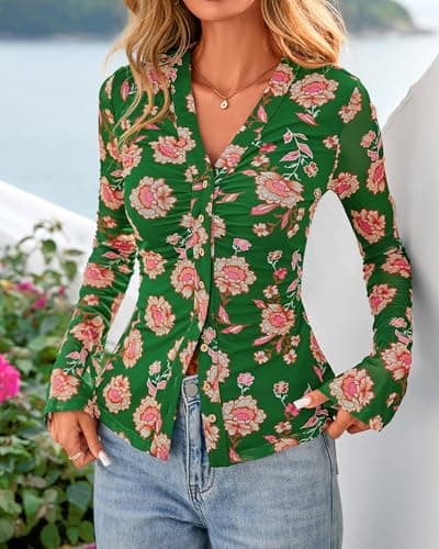 BTFBM Button Down Shirts for Women 2026 Spring Boho Tops V Neck Long Sleeve Blouses Ruched Mesh Fitted Fall Fashion(Green, XX-Large) - Thumbnail 5