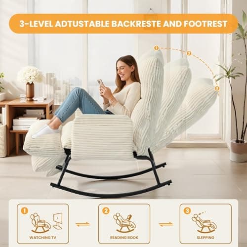 Tykacna Oversized Rocking Chair with Adjustable Backrest and Footrest, Outdoor Reading Chair - Chaise Lounge Chair Indoor, Comfy Corduroy Rocking Chair for Patio, Porch, Balcony, Living Room - Thumbnail 3