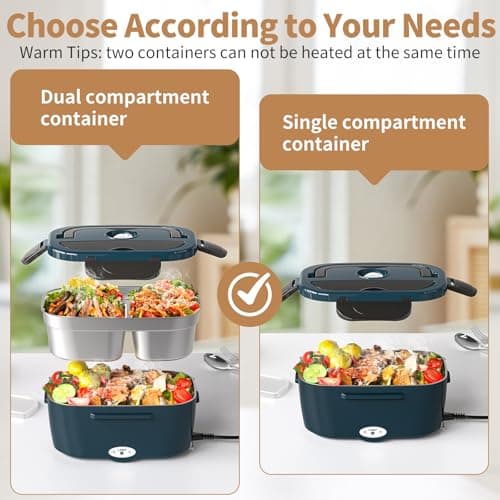 Vingud Electric Lunch Box for Adults, Heated Lunch Box for Men Women with Dual 1.5L SS Containers, Portable 80W Food Warmer for Car/Truck, Lonchera Eléctrica Portátil Christmas White Elephant Gifts - Thumbnail 2