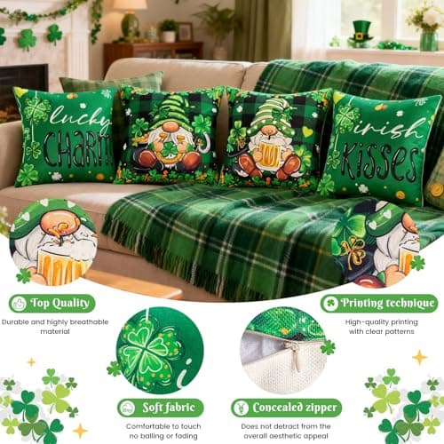 REBANDEN St. Patrick's Day Pillow Covers Decoration 18 x 18 inches 4-Piece Set Green Pillow Covers Lucky Clover Spring Pillow Covers Sofa Home - Thumbnail 2