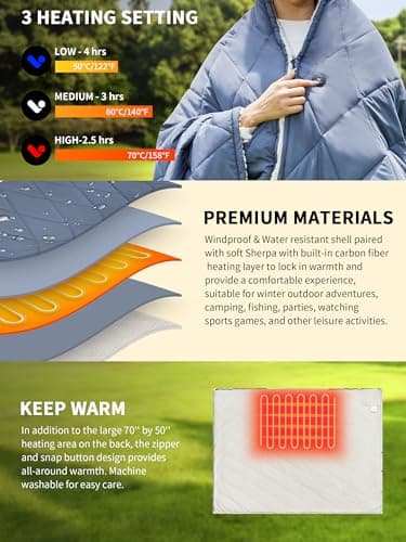 Heated Blanket Battery Operated,12V Heated Shawl Throw Blanket,Cordless heating pad with 15000 battery,Wearable Heated Blanket,Sherpa Lining,3 Heating Set for Car,Camping,Backpacking,Hiking,Travel - Thumbnail 3