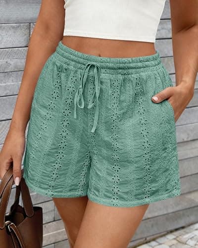 KIRUNDO Shorts for Women Summer Casual Lace Elastic Waist Drawstring Cute Eyelet Boho Lounge Shorts Beach Vacation Outfits(Sage Green, Medium) - Thumbnail 2