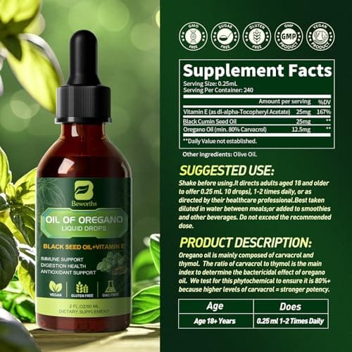 B BEWOTHS Organic Oregano Oil Drops | Oil of Oregano with Black Seed Oil, Vitamin E, 80% Carvacrol Oregano Drops for Immune, Antioxidant, Gut Detox Cleanser Support - Non-GMO, Vegan (240-day Supply) - Thumbnail 6