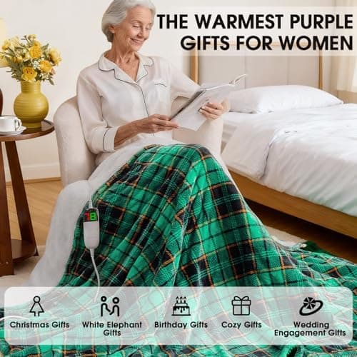 Green Heated Blanket Electric Throw 50X60, Heating Blanket for Couch, Plaid Sherpa Winter Blankets Warmer, 10 Levels & 8-Hour Auto Off, Fast Heated House Warming Gifts New Home Christmas Decor for Mom - Thumbnail 5