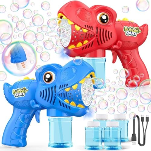 Bubble Machine Gun Kids Toys 2 Pack Rechargeable Bubble Guns with 4 Solutions Bubbles for Kids Toddlers Maker Blower Easter Basket Stuffers Dinosaur Outdoor Toys Valentines Boys Girls - Image 1