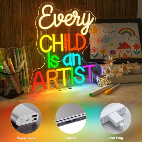 Classroom Lights Sign Every Child is an Artist Neon Sign Dimmable LED Lights Up Library Reading Neon Signs for Wall Decor in Art Classroom Reading Corner LED Books Decor Gifts for Teachers - Thumbnail 5