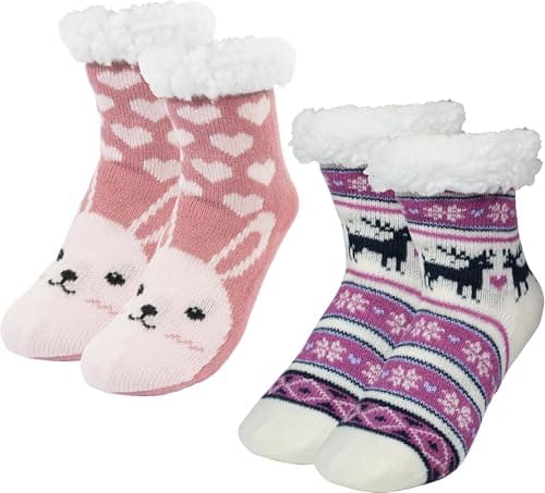BenSorts Child Girls Christmas Slipper Socks Winter Warm Fleece Lining House Fuzzy Soft Sherpa Cozy Socks Gift Purple Reindeer Pink Bunny 2 Pairs 8 9 10 11 12 Years - Image 1