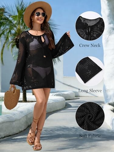 Womens Swimsuits Crochet Swim Cover Ups 2026 Summer Long Sleeve Bathing Suit Swimwear Beach Dress Vacation Outfits Black - Thumbnail 6