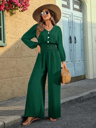 LOOKBOHO Womens Long Sleeve Jumpsuits Dressy Casual 2026 V Neck High Waist One Piece Outfits Wide Leg Romper Green X-Large - Thumbnail 2