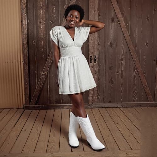 Vepose Women's Cowboy Boots Western Cowgirl Round Toe Mid Calf Boots,White,Size 7.5M US(CJY9801 White 07.5) - Thumbnail 6