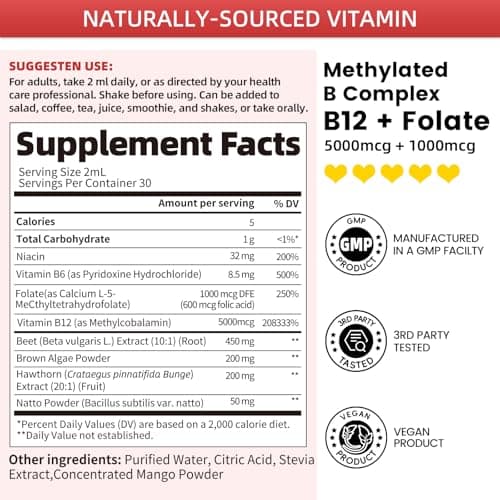 Methylated B Complex - 5000 mcg Methylcobalamin B12 & 5-MTHF Folate 1000 mcg - Vitamin B Complex Liquid Drops with B3, B6, Beetroot, Hawthorn - Energy, Focus, Heart & Brain, Sugar-Free, 2 Fl Oz - Thumbnail 5