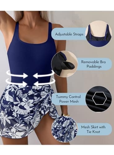 Aleumdr One Piece Bathing Suit for Women 2026 Fashion Tummy Control Swimsuit Printed Round Neck Swimdress Tie Knot Skirt Backless Swimwear Slimming Beachwear Navy Blue Small - Thumbnail 6