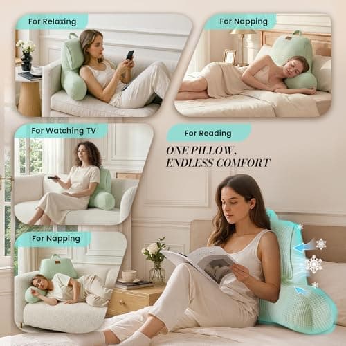 Amélie Home Premium Cooling Waffle Reading Pillow, Qmax>0.37 Ergonomic Back Support with Pocket & Handle, Breathable Lounging Pillow for Bed Sofa Floor Summer, Washable Cover, 17 Inches, Sage Green - Thumbnail 2