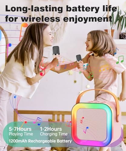 Mini Karaoke Machine Speaker for Kids Adults,Portable Bluetooth with 1-2 Wireless Microphones,Christmas Birthday Gifts Toys Girls Boys Ages 4, 5, 6,7, 8,9,10,11,12+ Years Old Toddler (Pink - 2 Mic) - Thumbnail 5