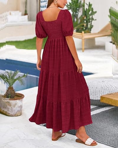 PRETTYGARDEN Women's Summer Dresses 2026 Puff Sleeve Square Neck High Waist Smocked A-Line Flowy Loose Fit Midi Dress(Wine Red,XX-Large) - Thumbnail 5
