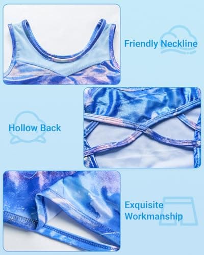 JiAmy Two Piece Gymnastics Leotards for Girls, Sleeveless Sparkly Dance Biketards with Shorts Ballet Tumbling Outfit Blue Marbled 8-9 Years - Thumbnail 3