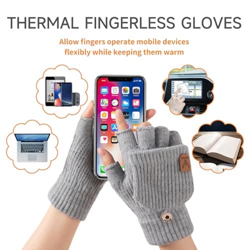 Bodvera Winter Knitted Fingerless Gloves for Women Warm Half Finger Gloves Convertible Mittens Flap - Thumbnail 3