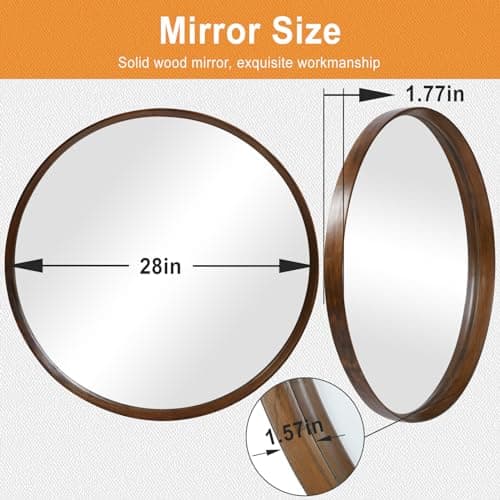FRUMENSHIP Round Wood Frame Mirror 28 Inch, Brown Wall Circle Mirror for Bathroom, Nursery, and Wall Decor - Thumbnail 2